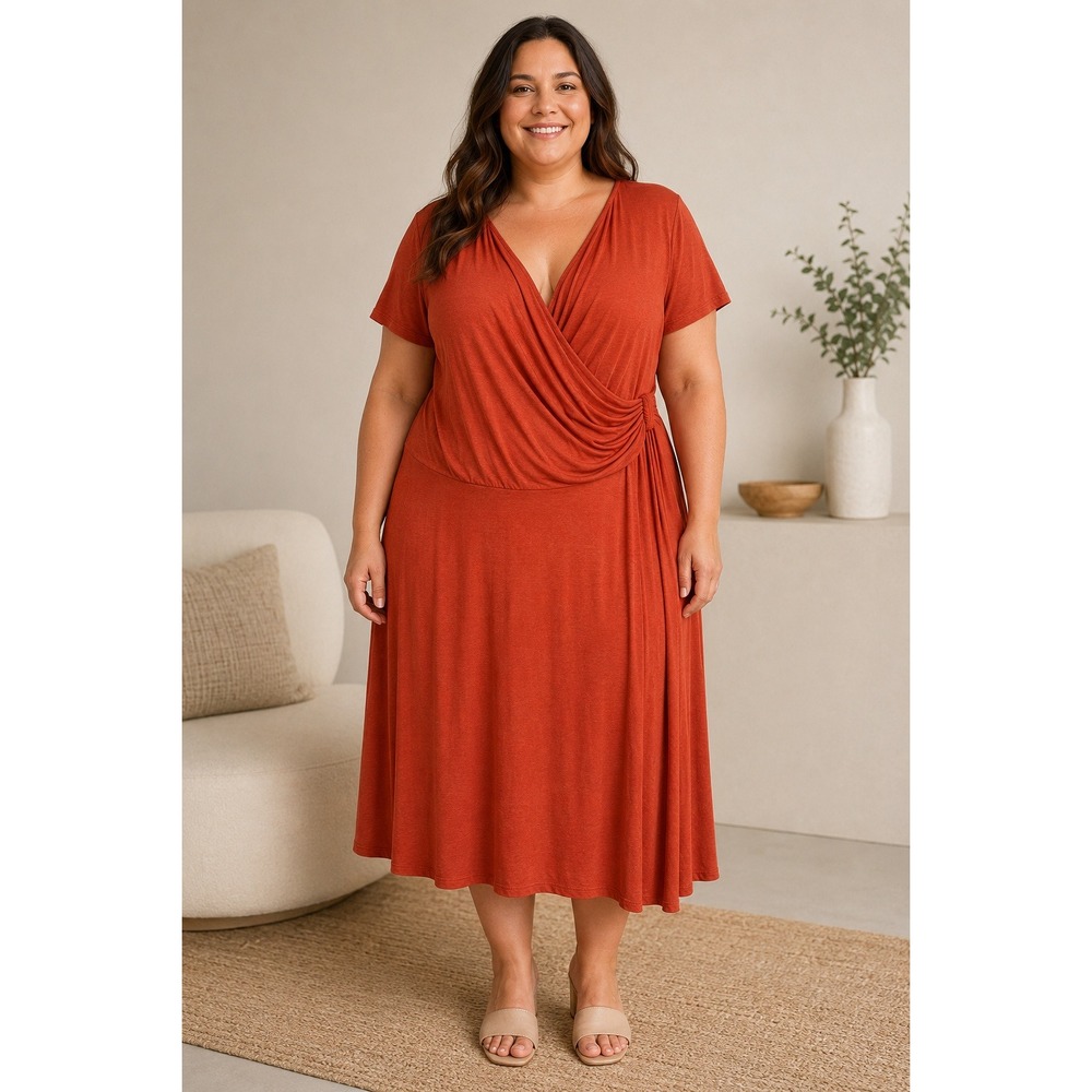 Haute Edition Draped Faux Wrap Midi Dress Boho Minimalist Earthy Rust Cotton 1X